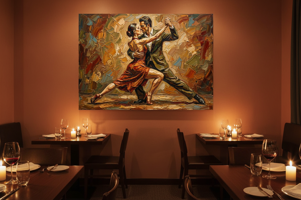 Tango in gold intimate couples dance canvas wall art on a terracotta wall in an upscale candlelit restaurant dining room - Portugal Canvas Co
