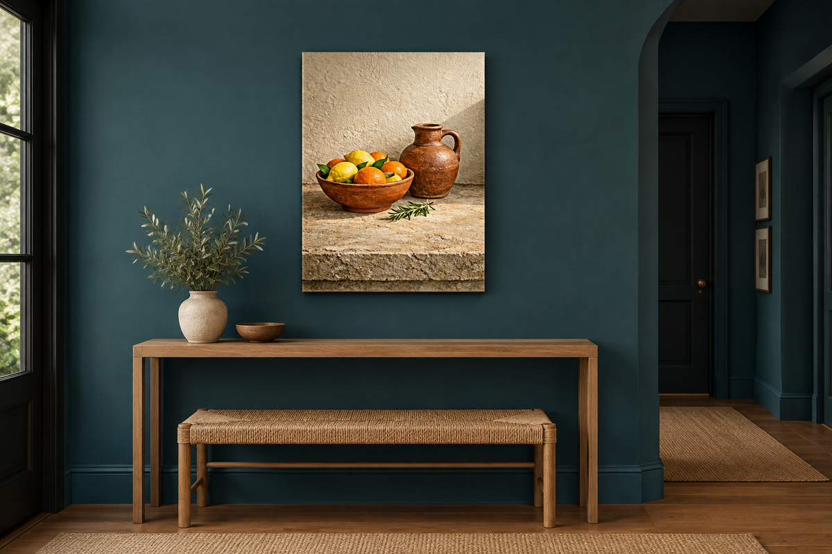 Citrus bowl and terracotta jug still life canvas displayed in a deep teal hallway - Portugal Canvas Co