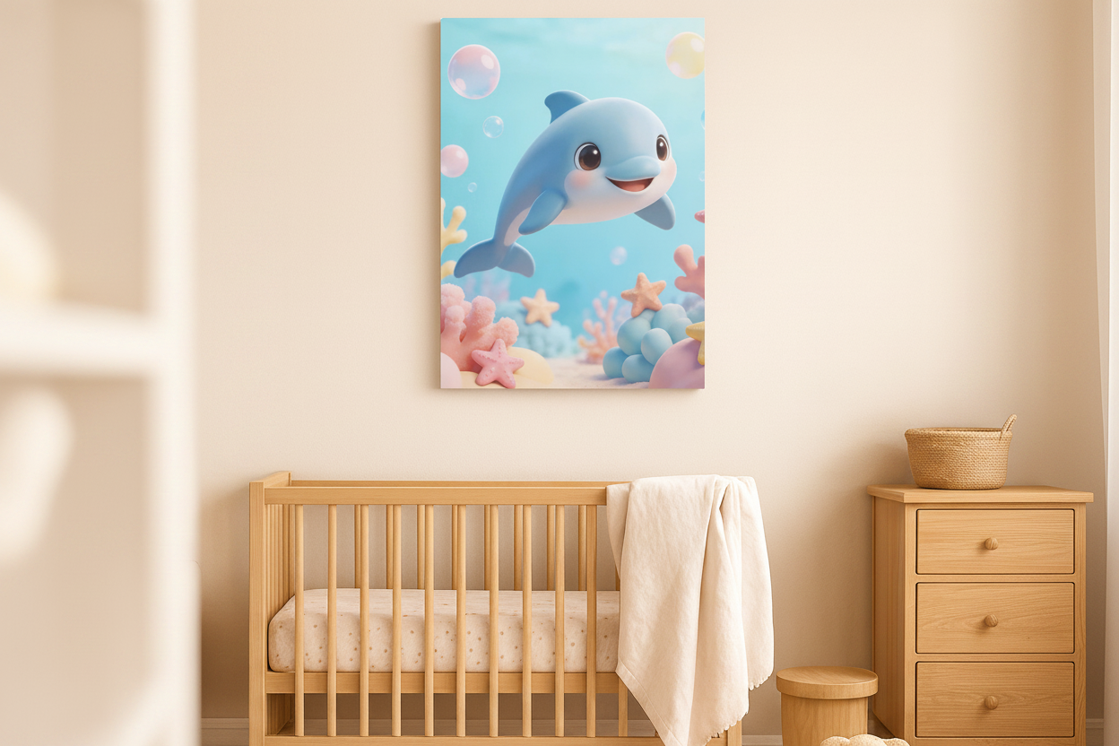 Cute dolphin canvas wall art displayed in a soft pastel nursery room above a wooden crib - Portugal Canvas Co