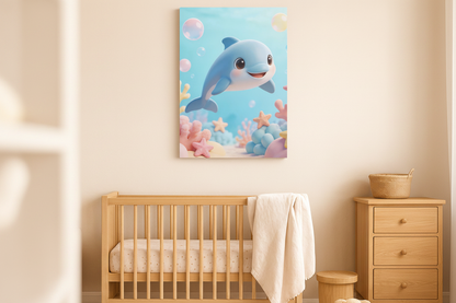 Cute dolphin canvas wall art displayed in a soft pastel nursery room above a wooden crib - Portugal Canvas Co