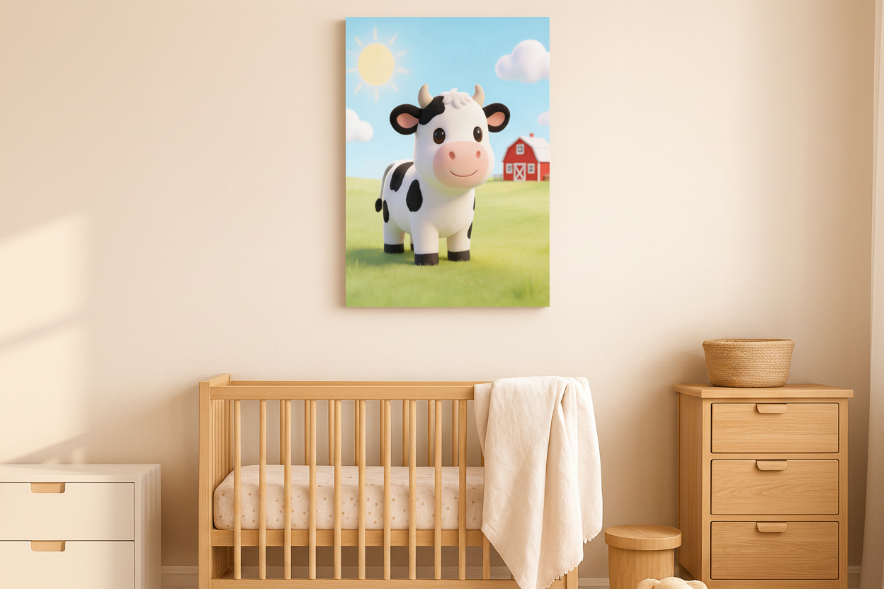 Cute farm cow canvas wall art displayed in a soft pastel nursery room above a wooden crib - Portugal Canvas Co