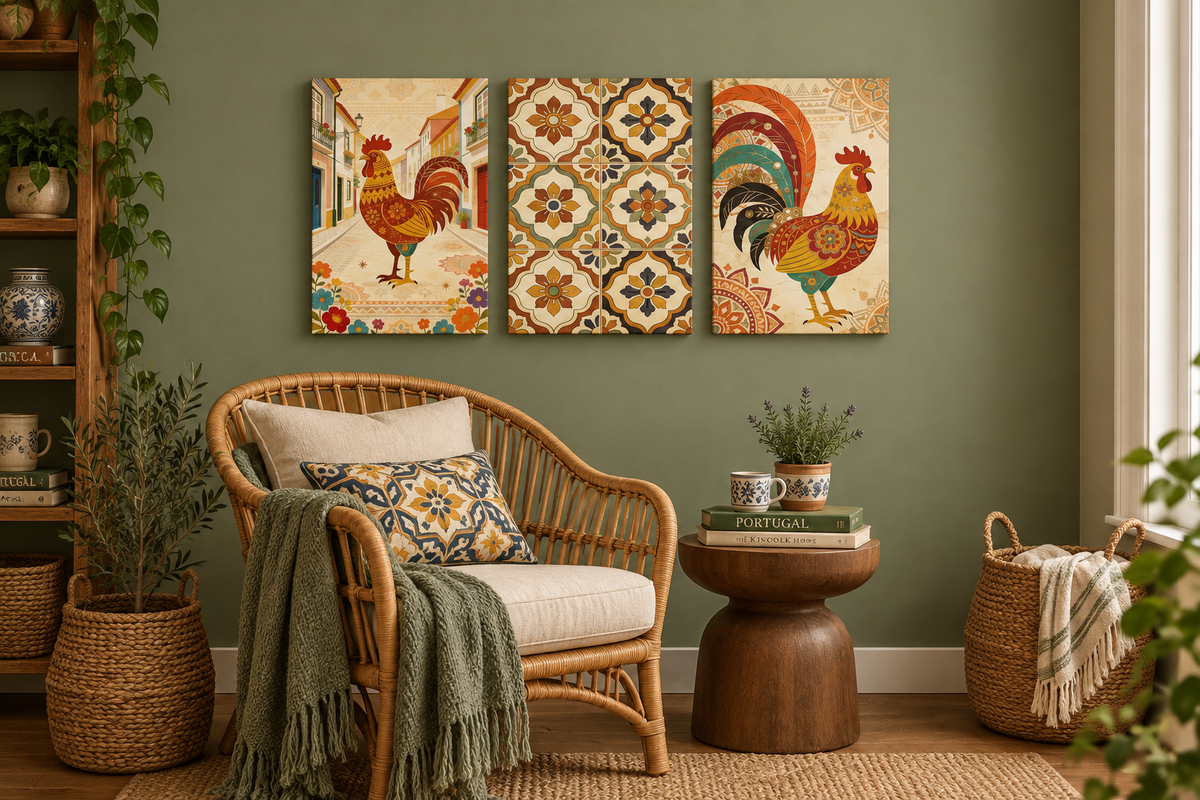 Barcelos rooster and azulejo tile canvas set in a sage green reading nook with rattan chair - Portugal Canvas Co