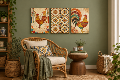 Barcelos rooster and azulejo tile canvas set in a sage green reading nook with rattan chair - Portugal Canvas Co