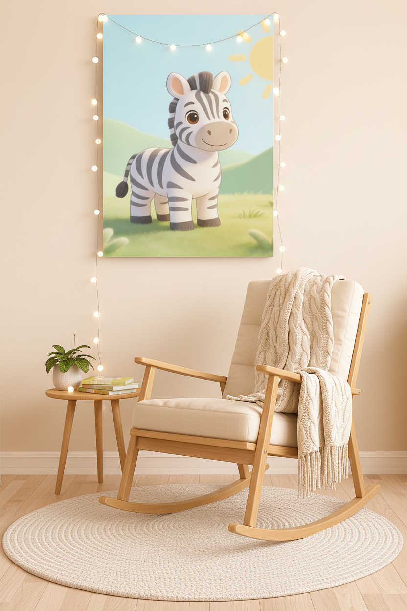 Cute baby zebra nursery canvas wall art above a rocking chair in a cozy nursery reading nook - Portugal Canvas Co