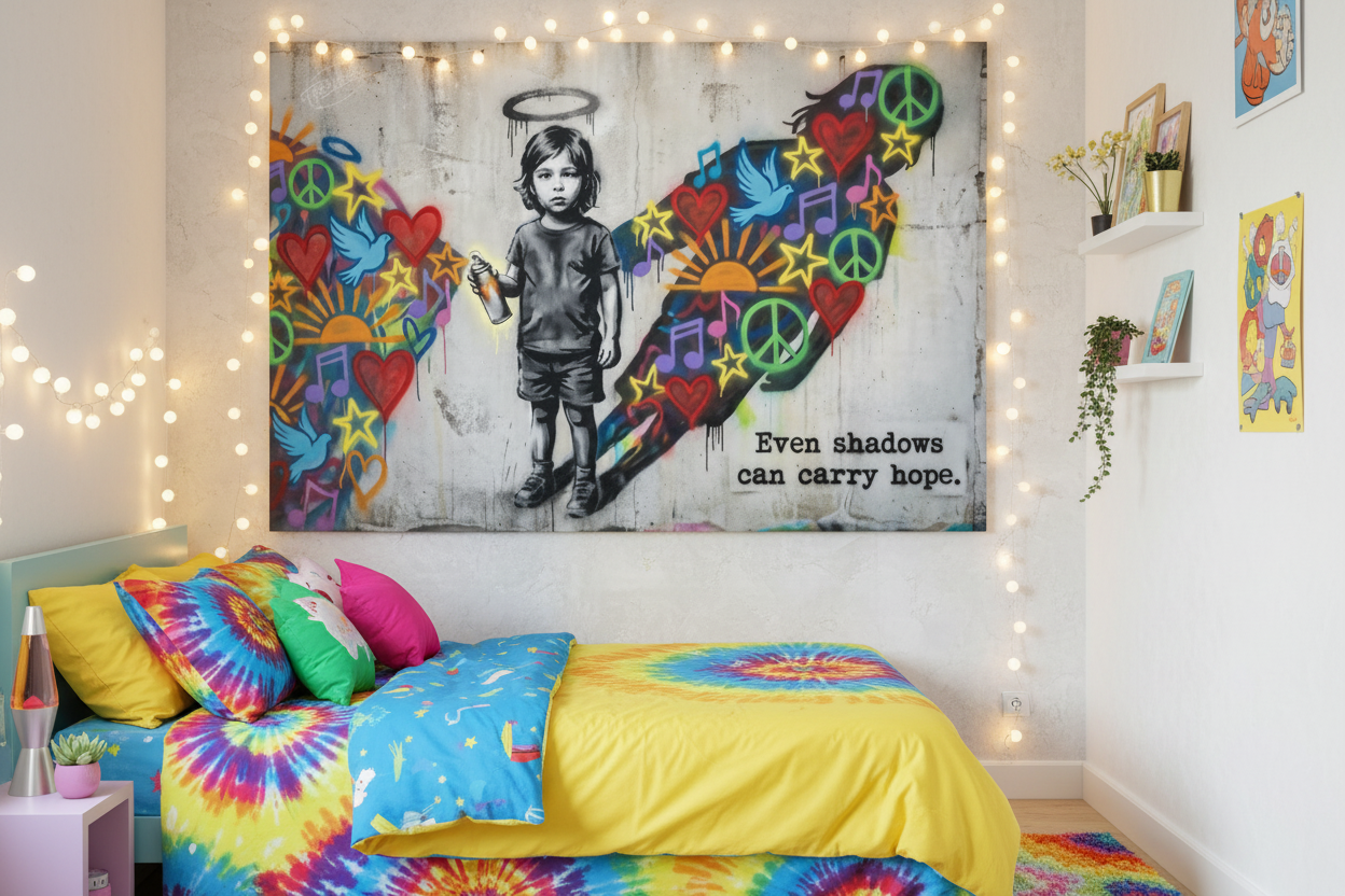 Even Shadows Can Carry Hope graffiti canvas print displayed in a colourful kids bedroom with string lights and playful decor - Portugal Canvas Co
