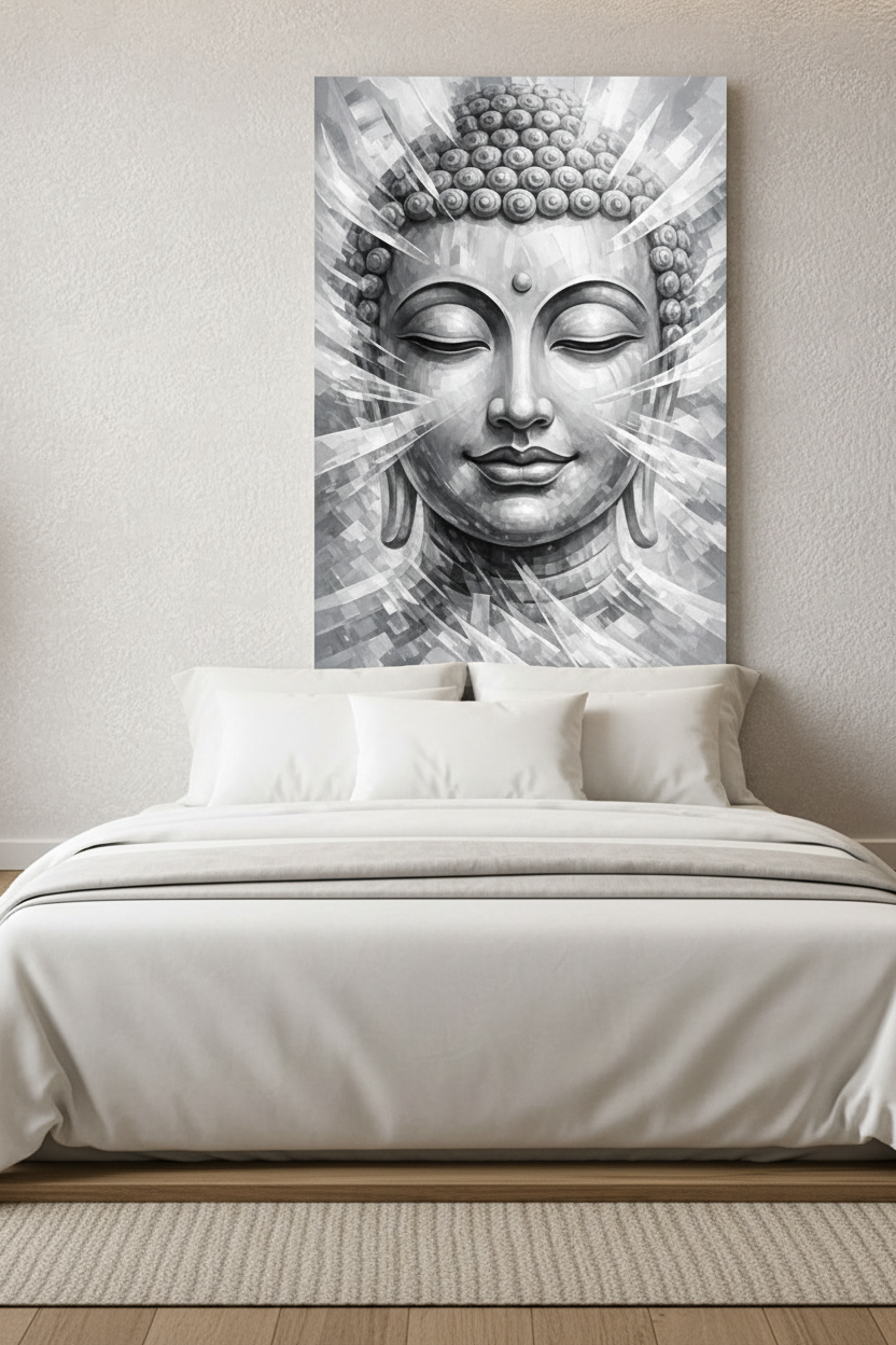 Monochrome grey white Buddha face abstract radiant canvas wall art above a platform bed with white linen in a minimalist bedroom - Portugal Canvas Co