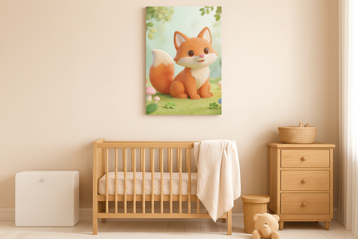Cute fox canvas wall art displayed in a soft pastel nursery room above a wooden crib - Portugal Canvas Co