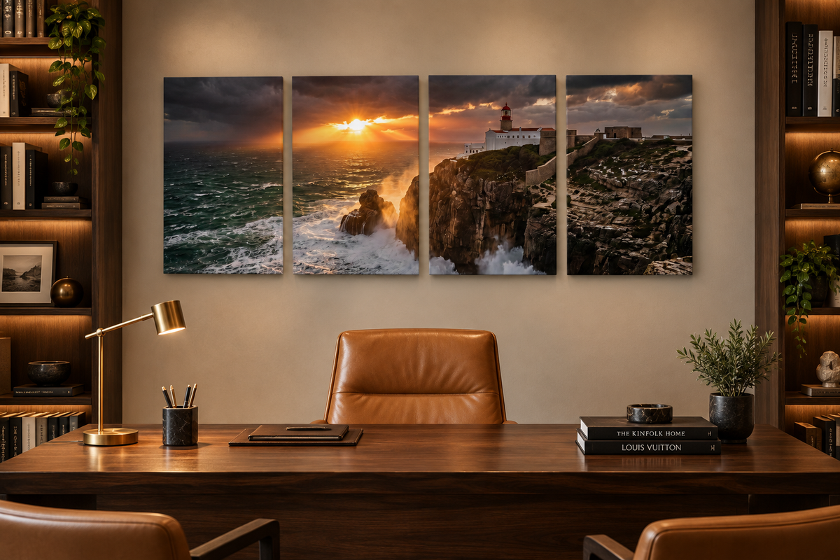 Cabo de São Vicente lighthouse four-panel canvas above a desk in a walnut home study - Portugal Canvas Co