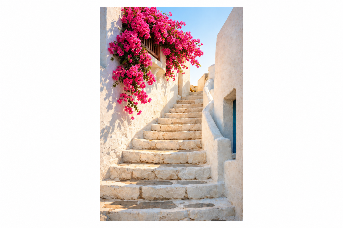 Greek staircase with whitewashed walls and pink bougainvillea portrait canvas on a white background - Portugal Canvas Co