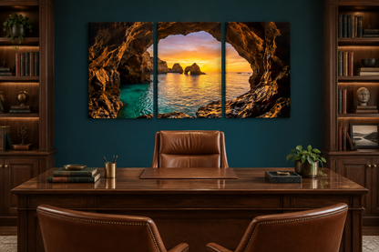 Algarve cave sunset three-panel canvas displayed above a walnut desk in a teal home study - Portugal Canvas Co