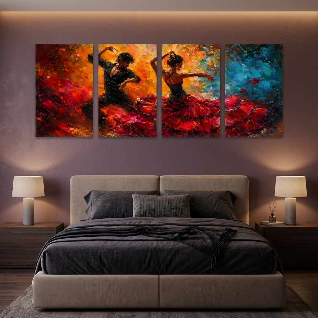 Four-panel flamenco dancer canvas art above a sand upholstered bed in a plum bedroom with warm artificial lighting - Portugal Canvas Co