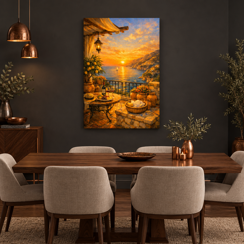 Mediterranean sunset terrace canvas in a charcoal dining room with a walnut table - Portugal Canvas Co