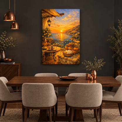 Mediterranean sunset terrace canvas in a charcoal dining room with a walnut table - Portugal Canvas Co