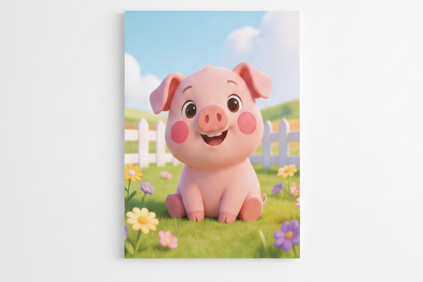 Cute piglet nursery canvas wall art flat lay on white background, overhead view - Portugal Canvas Co