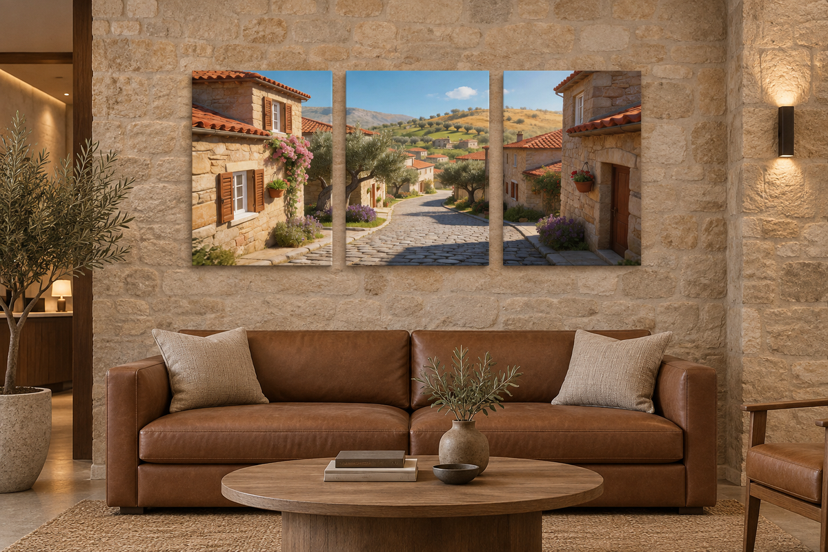 Sunlit stone village three-panel gallery-wrapped canvas above leather sofa in stone hotel lobby - Portugal Canvas Co