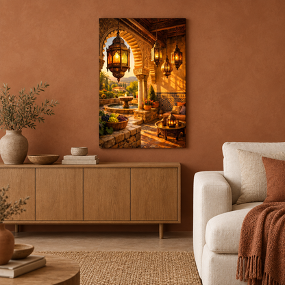 Ornate archway and glowing lantern courtyard canvas wall art in a terracotta living room - Portugal Canvas Co