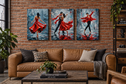 Three panel red dress dance canvas set on an exposed red brick loft wall above a tan leather sofa - Portugal Canvas Co
