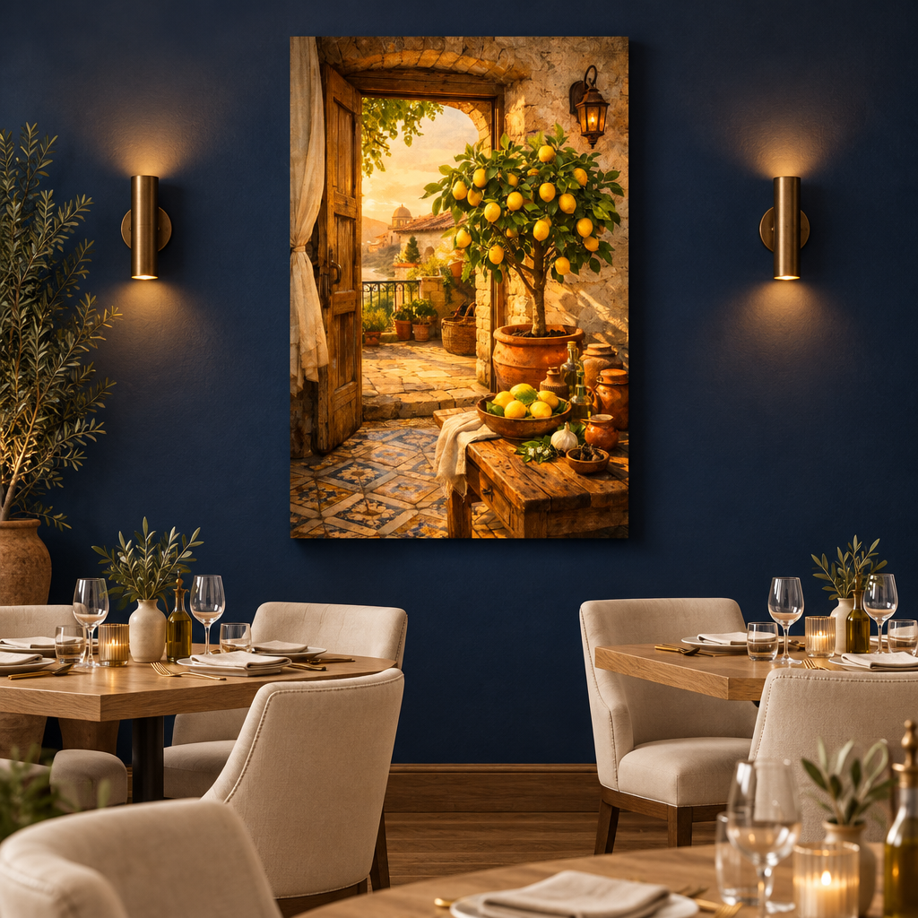 Mediterranean lemon tree and rustic doorway canvas in a navy restaurant dining room with cream chairs - Portugal Canvas Co
