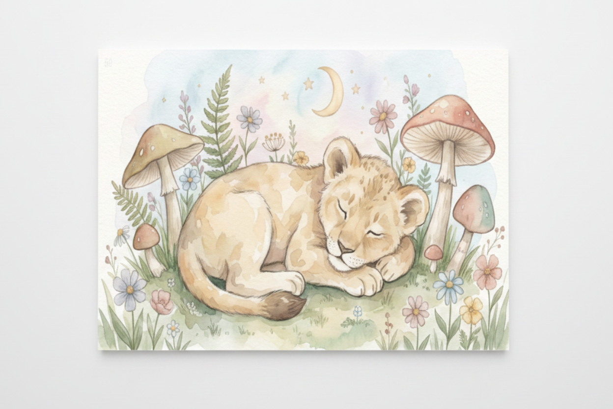 Sleeping baby lion cub nursery canvas wall art flat lay on white background, overhead view - Portugal Canvas Co
