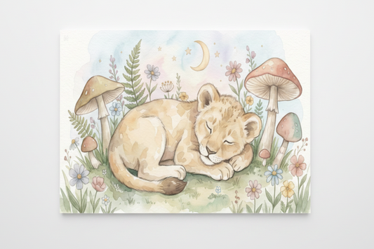 Sleeping baby lion cub nursery canvas wall art flat lay on white background, overhead view - Portugal Canvas Co