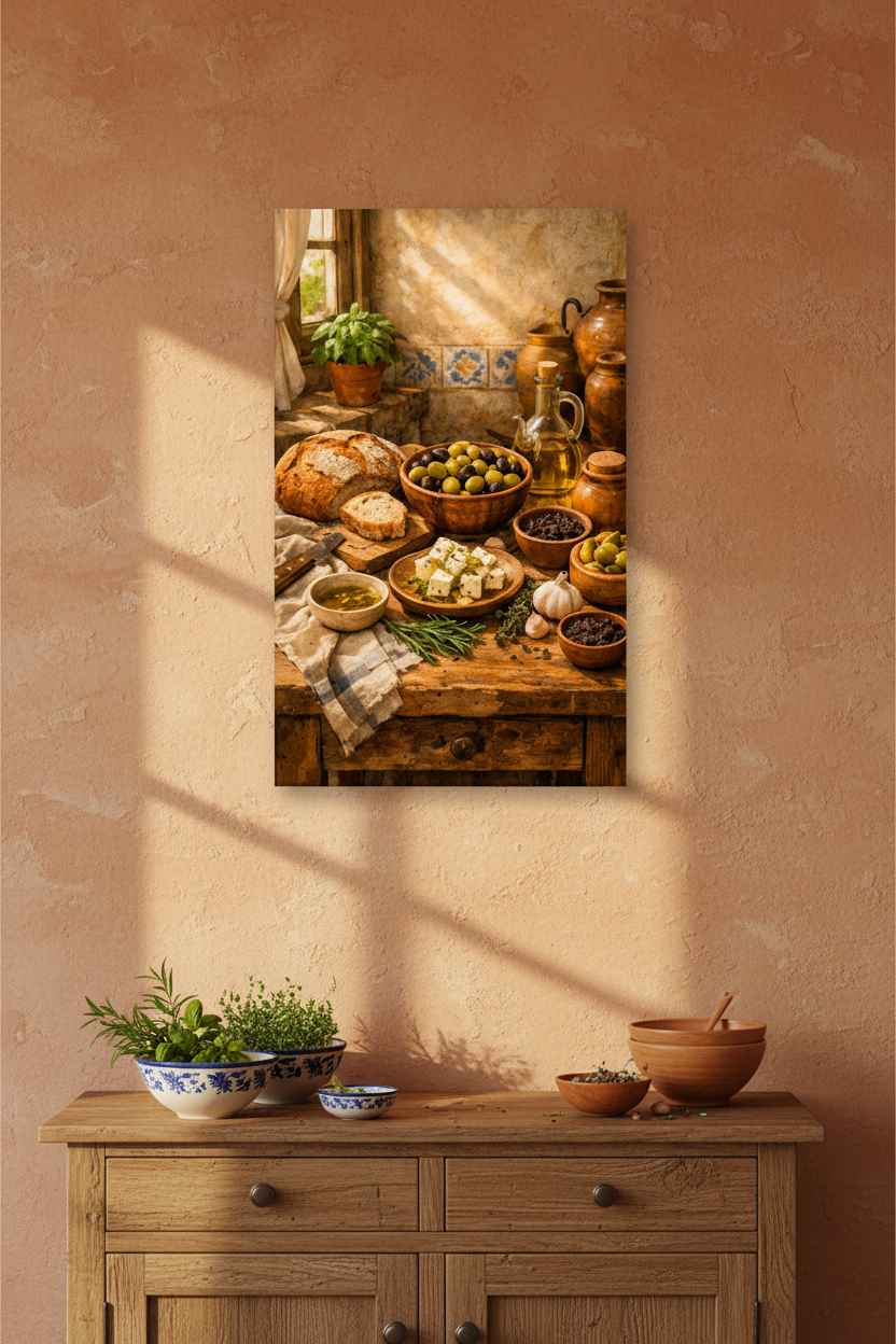 Mediterranean kitchen still life canvas wall art displayed above a wooden sideboard in a warm rustic farmhouse kitchen interior - Portugal Canvas Co