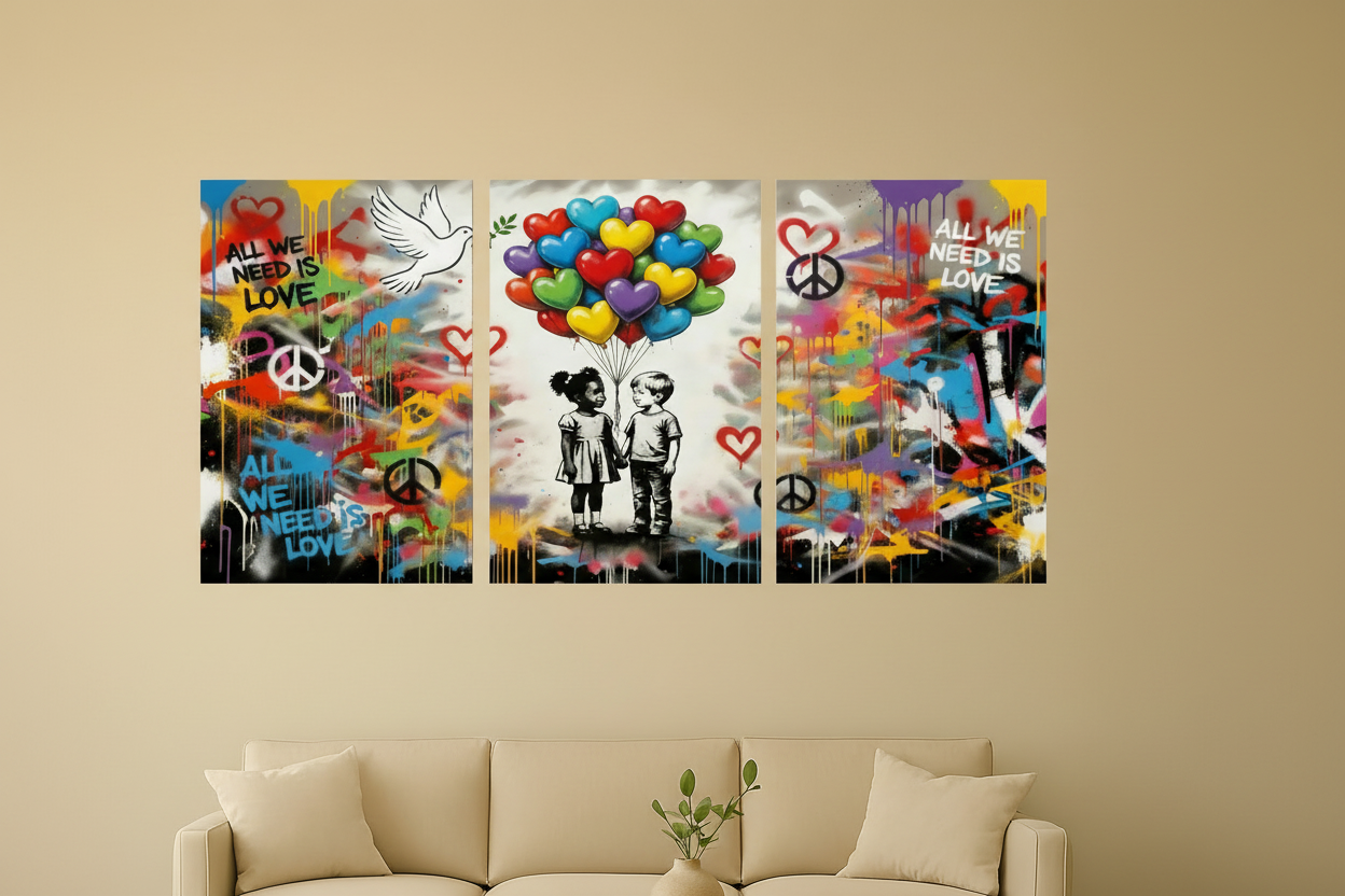 All We Need Is Love graffiti triptych canvas wall art displayed in a Scandinavian minimalist living room with cream sofa - Portugal Canvas Co