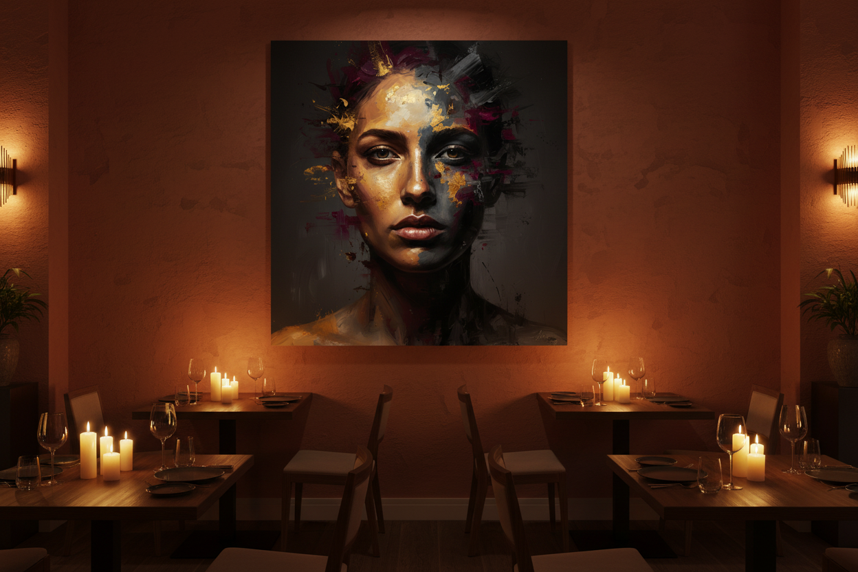 Golden expressionist dark portrait woman canvas wall art on a terracotta wall in an upscale candlelit restaurant dining room - Portugal Canvas Co