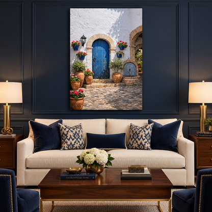 Mediterranean blue door courtyard portrait canvas above an ivory sofa in a navy lounge - Portugal Canvas Co
