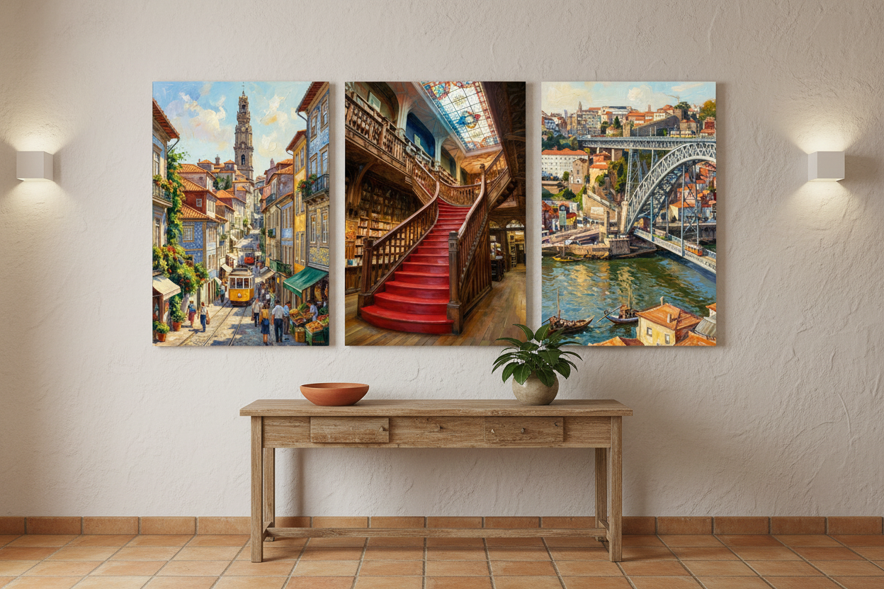 Porto Portugal triptych canvas wall art set displayed in a warm rustic hallway entryway - Portugal Canvas Co