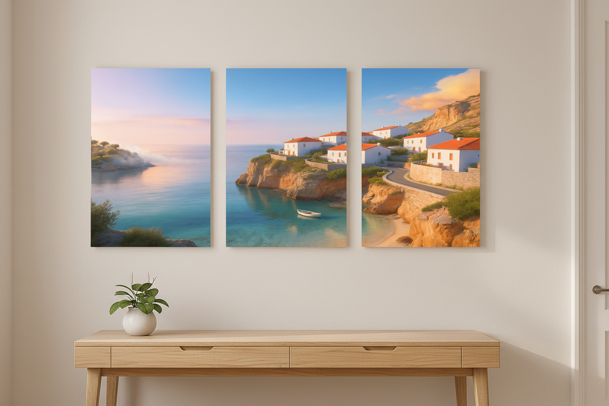 Mediterranean coastal village sunrise 3-panel triptych canvas set displayed above a wooden desk in a warm minimalist home study - Portugal Canvas Co