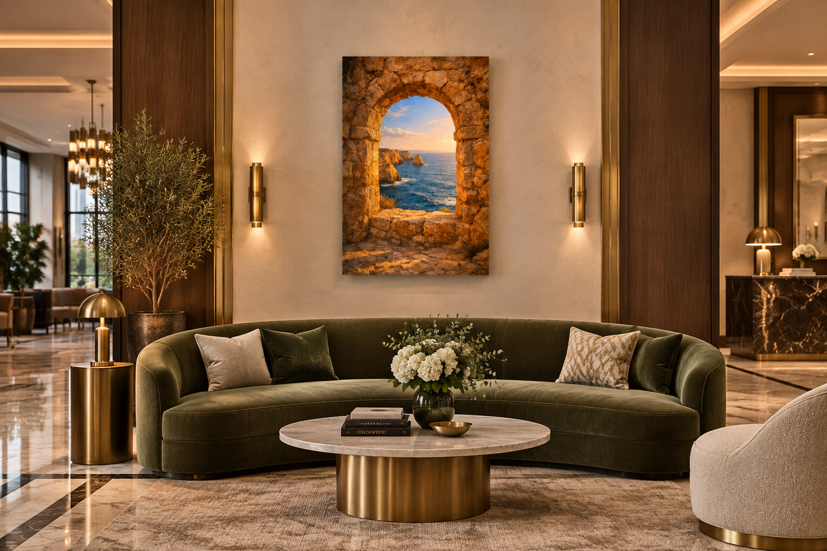 Algarve stone archway sunset canvas wall art above a green velvet sofa in an upscale hotel lobby lounge - Portugal Canvas Co
