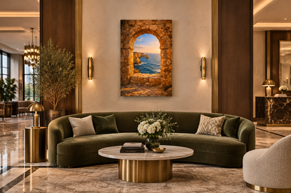 Algarve stone archway sunset canvas wall art above a green velvet sofa in an upscale hotel lobby lounge - Portugal Canvas Co