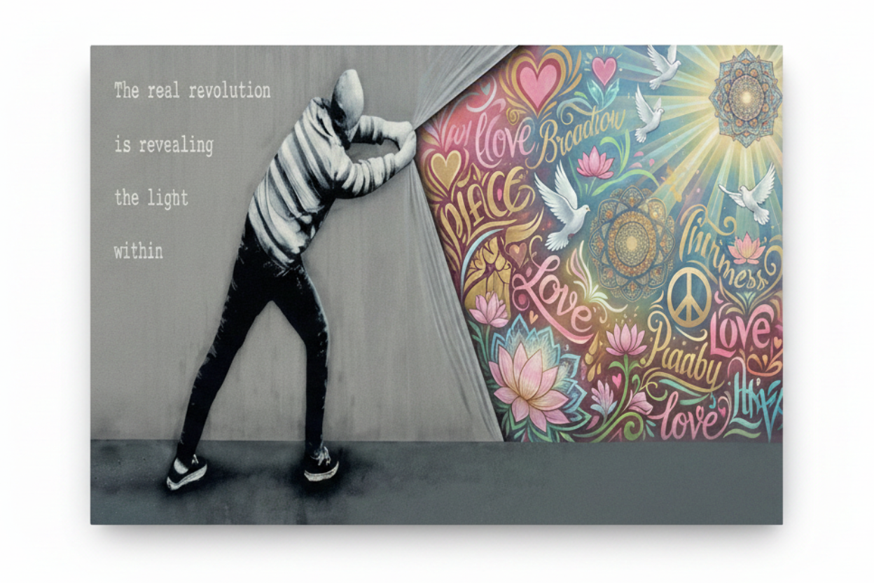 Banksy style street art canvas of figure pulling back curtain to reveal colourful love peace and flowers graffiti flat lay on white background - Portugal Canvas Co