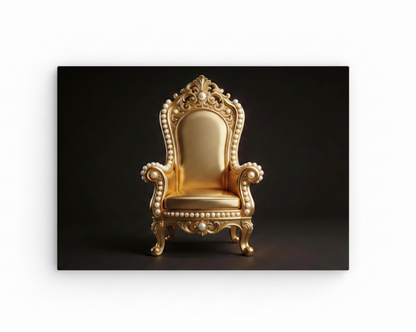 Luxury Golden Royal Throne Chair canvas wall art print with pearl embellishments on black background flat lay on white background - Portugal Canvas Co