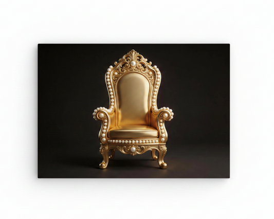 Luxury Golden Royal Throne Chair canvas wall art print with pearl embellishments on black background flat lay on white background - Portugal Canvas Co