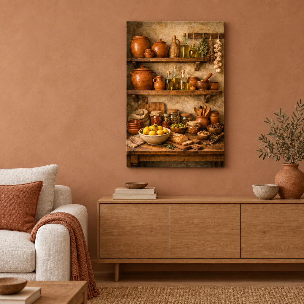 Rustic shelves with lemons, olive oil and terracotta jars canvas wall art in a terracotta living room - Portugal Canvas Co