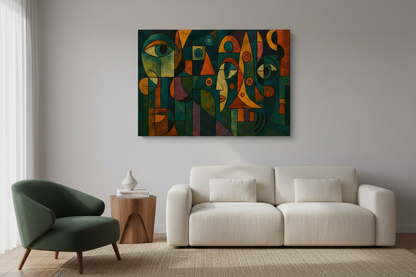 Colorful Cubist Faces canvas above a cream sofa in a refined contemporary living room - Portugal Canvas Co
