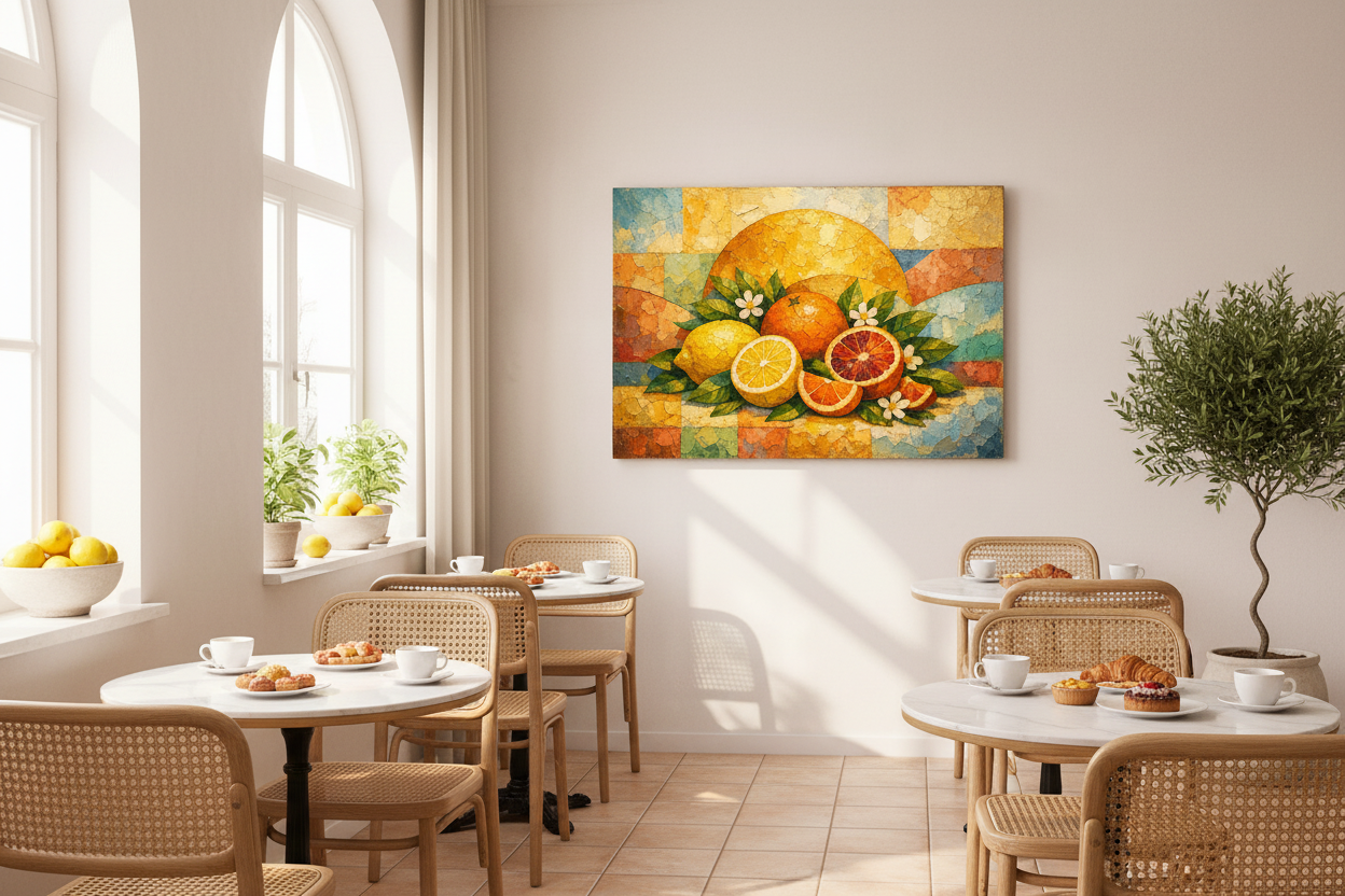 Citrus fruit still life canvas wall art with lemons and oranges displayed in a bright Mediterranean café interior - Portugal Canvas Co