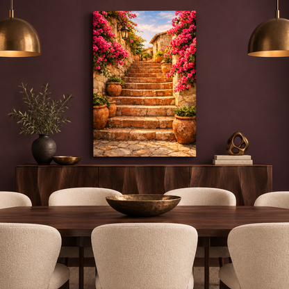 Pink bougainvillea and golden stone staircase canvas in an aubergine designer dining room - Portugal Canvas Co