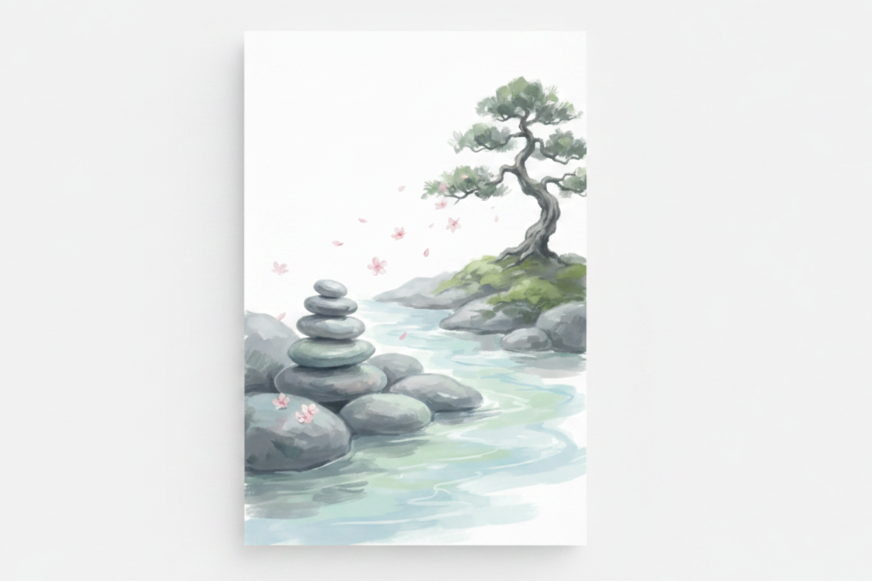 Zen stacked stones bonsai tree river cherry blossom watercolor canvas print flat lay on white background - Portugal Canvas Co