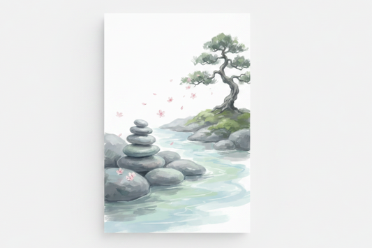 Zen stacked stones bonsai tree river cherry blossom watercolor canvas print flat lay on white background - Portugal Canvas Co