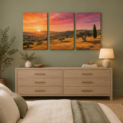 Mediterranean sunset olive grove triptych canvas above a dresser in a sage green bedroom - Portugal Canvas Co