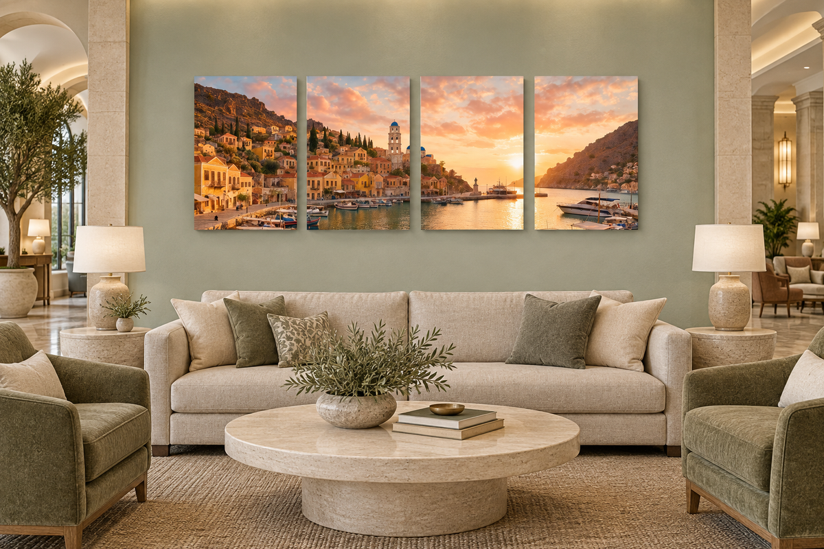Symi harbour sunset four-panel canvas in a sage and limestone five-star hotel atrium lounge - Portugal Canvas Co