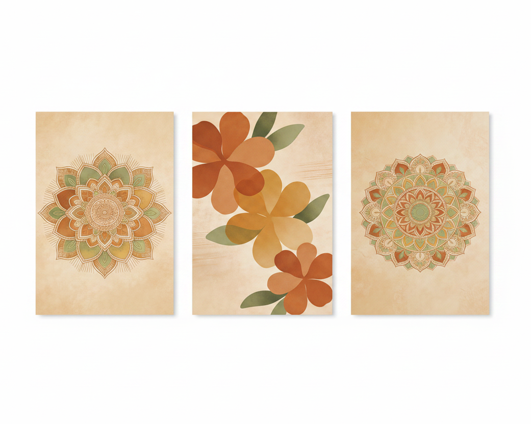 Boho mandala triptych canvas wall art set with terracotta and sage green mandalas and floral centre panel flat lay on white background - Portugal Canvas Co