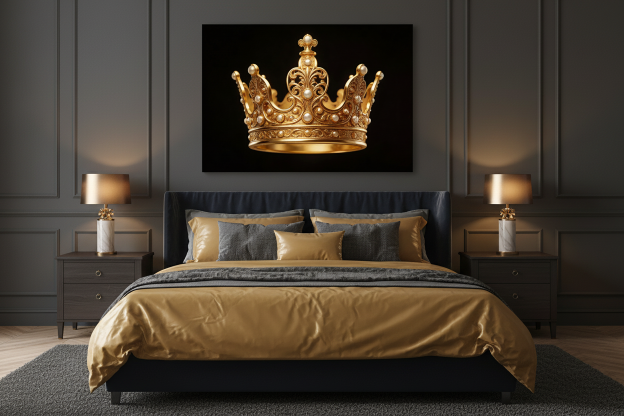 Ornate golden royal crown with pearl embellishments canvas wall art displayed above the bed in a luxurious dark bedroom with charcoal walls and gold accent pillows - Portugal Canvas Co