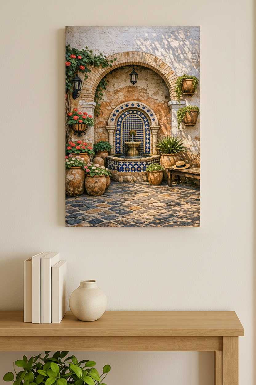 Andalusian courtyard fountain canvas wall art with blue mosaic tile arch and geraniums hung above a light oak console table in a bright Mediterranean hallway - Portugal Canvas Co