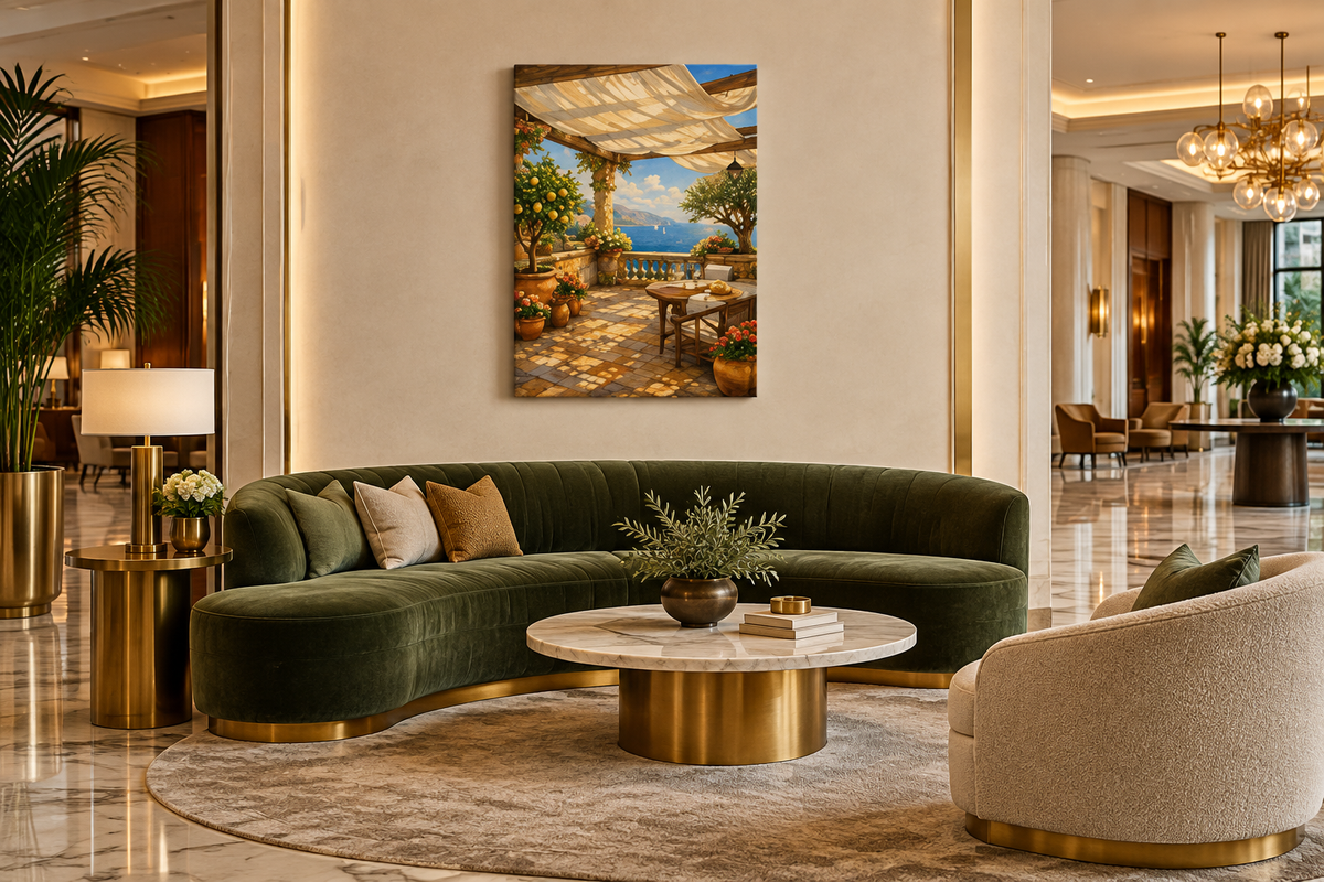 Mediterranean pergola terrace canvas wall art above a green velvet sofa in an upscale hotel lobby lounge - Portugal Canvas Co