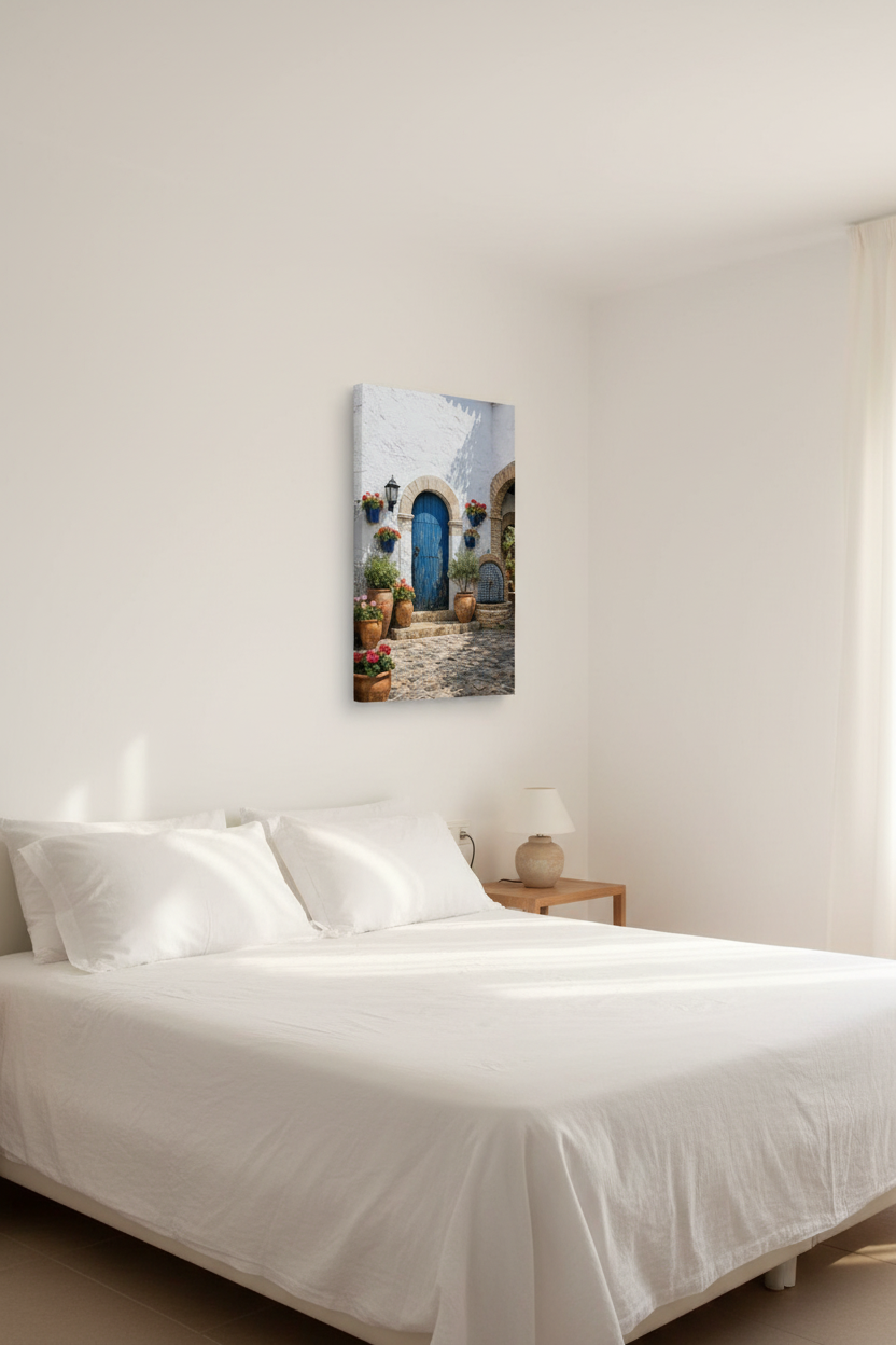 Mediterranean blue door courtyard canvas wall art with terracotta pots and red geraniums displayed in a luxury villa bedroom with white linen bedding and whitewashed walls - Portugal Canvas Co