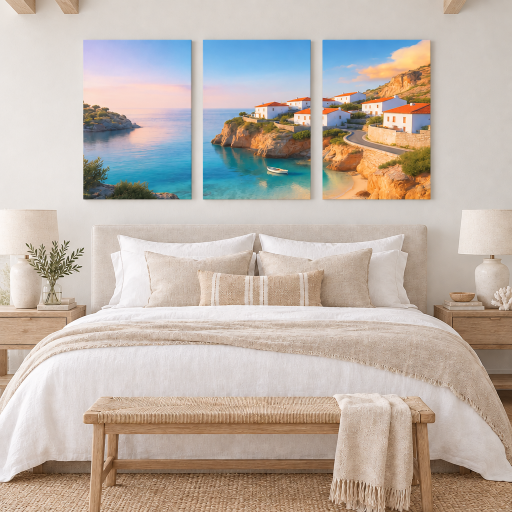 Three coastal village canvas panels above a cream bed in a softly lit coastal bedroom - Portugal Canvas Co