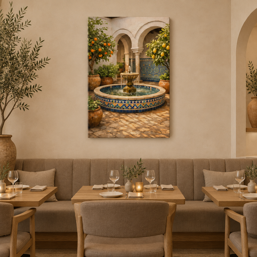 Andalusian courtyard mosaic fountain canvas with orange and lemon trees in a neutral restaurant dining room - Portugal Canvas Co